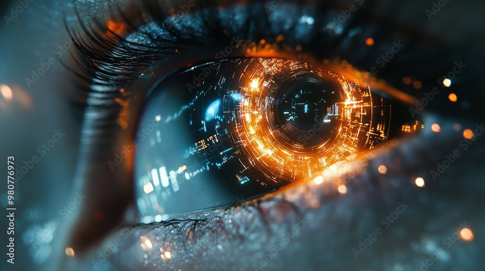 Close-up of a human eye with a glowing cybernetic interface, showcasing intricate digital patterns and circuits. Close-up of a human eye with a glowing cybernetic interface, showcasing intricate digital patterns and circuits.