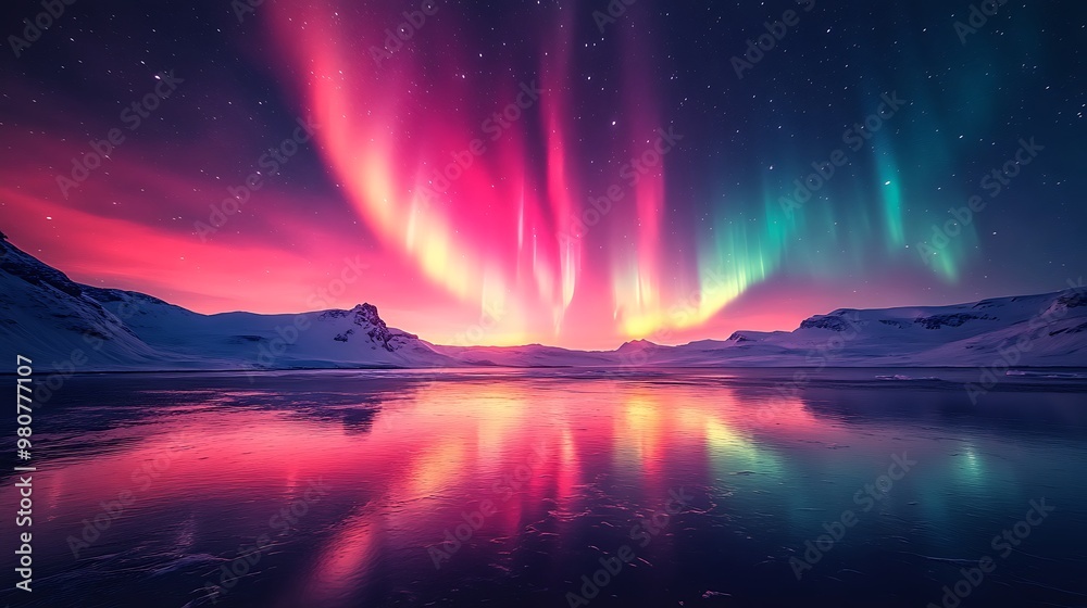 Vibrant aurora borealis display over a frozen lake with mountains in the distance. Vibrant aurora borealis display over a frozen lake with mountains in the distance.