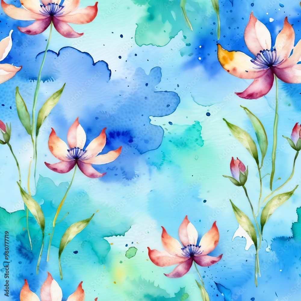 Seamless watercolor pattern of delicate flowers with soft blue and green abstract background
Seamless watercolor pattern of delicate flowers with soft blue and green abstract background