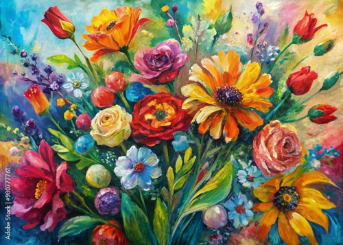 Vibrant abstract floral artwork featuring rough, multicolored, organic shapes and textured brushstrokes on canvas, evoking a sense of spring's energetic and playful beauty.