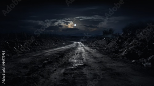 Night dirt road in the headlights against the dark gloomy sky. It is terrible and dangerous to go. Neural network ai generated art