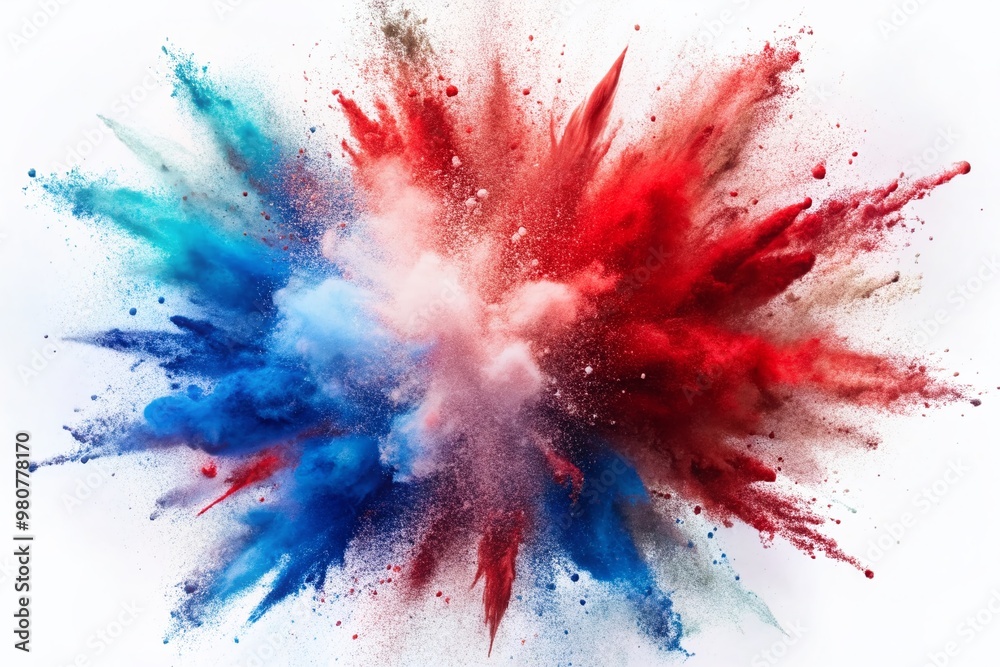Vibrant red, white, and blue dust explosion bursts against a pristine white background, evoking patriotic spirit, perfect for Independence Day, Memorial Day, and Labor Day celebrations. Vibrant red, white, and blue dust explosion bursts against a pristine white background, evoking patriotic spirit, perfect for Independence Day, Memorial Day, and Labor Day celebrations.
