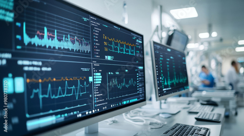 Remote patient monitoring dashboard in a hospital, displaying live data from multiple patients, with alerts for any critical changes