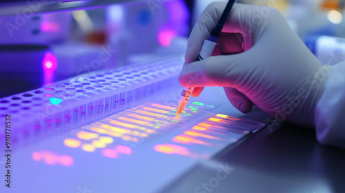 Scientists analyzing DNA sequences in a genomics lab, using cutting-edge technology to identify genetic markers photo