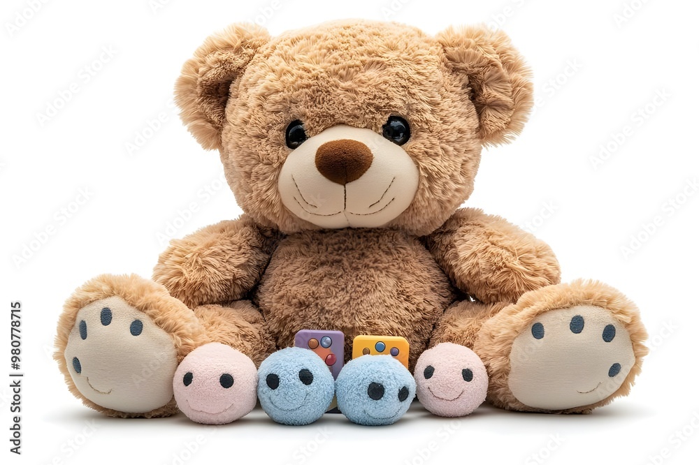 a teddy bear with persony round objects
a teddy bear with persony round objects