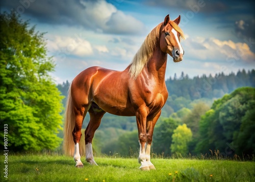 A majestic chestnut horse stands on a lush green meadow, its powerful leg and shiny hoof prominently displayed photo