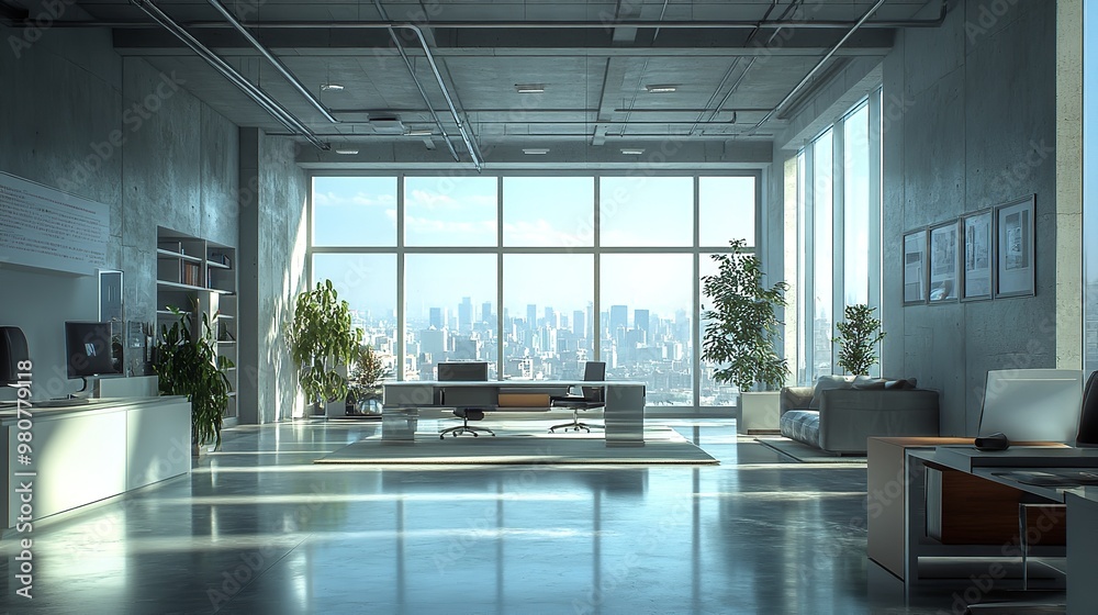 Modern open office space with floor-to-ceiling windows, natural light, and green plants, creating a fresh and inspiring work environment with sleek furnishings and ample collaboration areas Modern open office space with floor-to-ceiling windows, natural light, and green plants, creating a fresh and inspiring work environment with sleek furnishings and ample collaboration areas