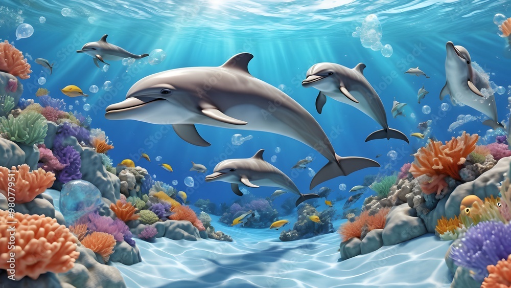 Fototapeta premium dolphins are closer to the foreground, showing off their playful expressions and interactions, while others are further back, swimming among the coral reefs.