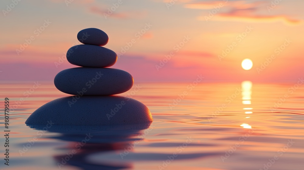 Serene Sunset with Stacked Stones on Water Serene Sunset with Stacked Stones on Water