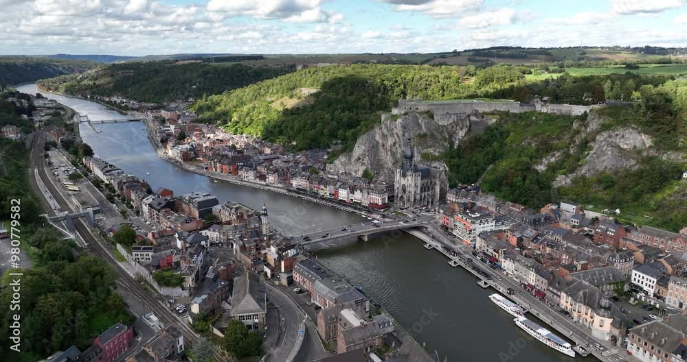 Dinant, Wallonia, Belgium, small city scape river Meuse, aerial drone view.
