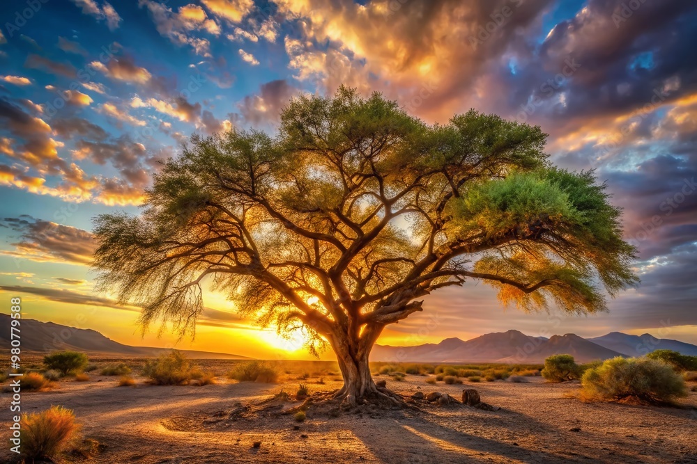 A majestic ironwood tree stands tall, its twisted, rust-colored branches stretching towards the sky, surrounded by a A majestic ironwood tree stands tall, its twisted, rust-colored branches stretching towards the sky, surrounded by a