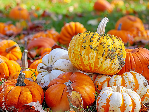 A pile of pumpkins in various sizes and colors, including orange ones with deep brown spots and one white pumpkin with yellow accents