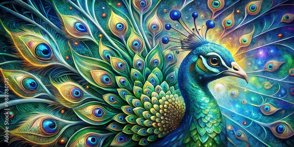 Obraz premium Vibrant abstract peacock portrait collage featuring swirling feathers, iridescent blues and greens, and futuristic geometric shapes, blending organic and digital elements seamlessly.