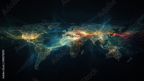 The global digital economy visualized as a network of transactions, data exchanges, and digital services connecting all continents