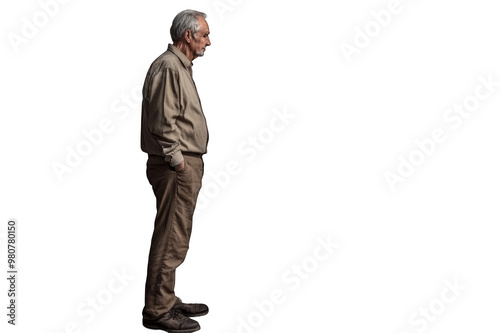 Pensioner in trousers and shirt standing with copy space mockup side view on transparent background