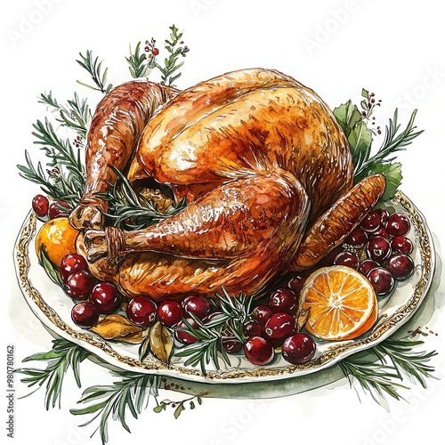 A beautifully roasted turkey garnished with herbs and fruits, perfect for festive occasions and holiday meals. photo