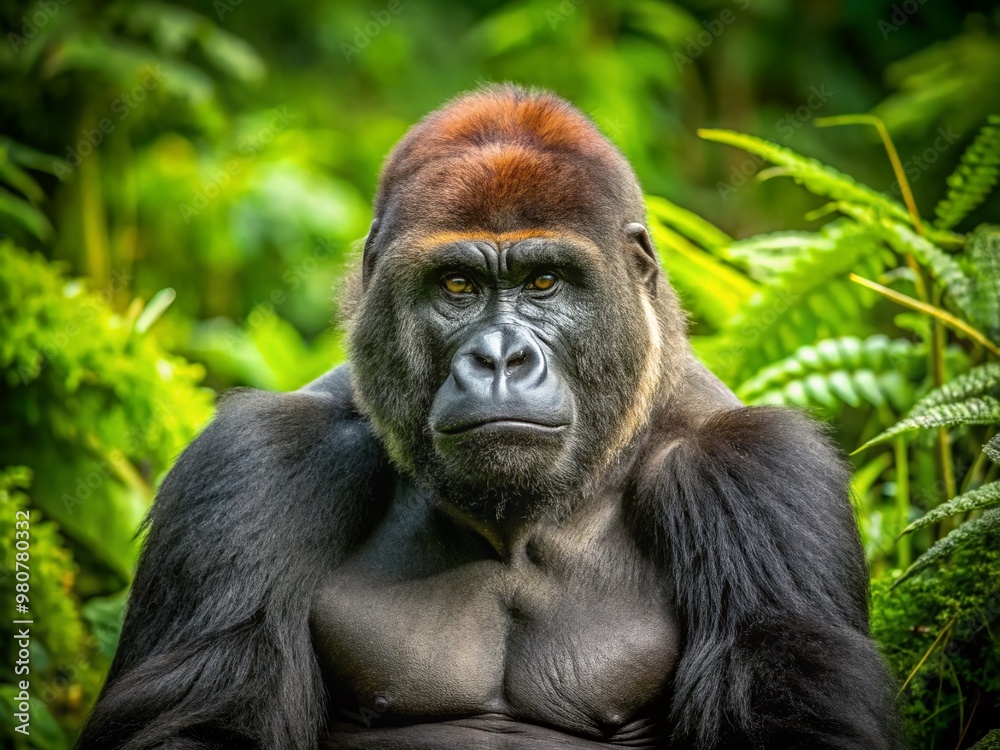 A majestic western lowland gorilla with thick fur and expressive eyes sits calmly in a lush green jungle A majestic western lowland gorilla with thick fur and expressive eyes sits calmly in a lush green jungle