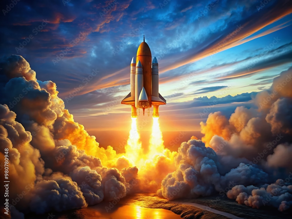 Fototapeta premium A massive rocket ship erupts in a fiery blaze of orange and yellow flames, soaring into a deep