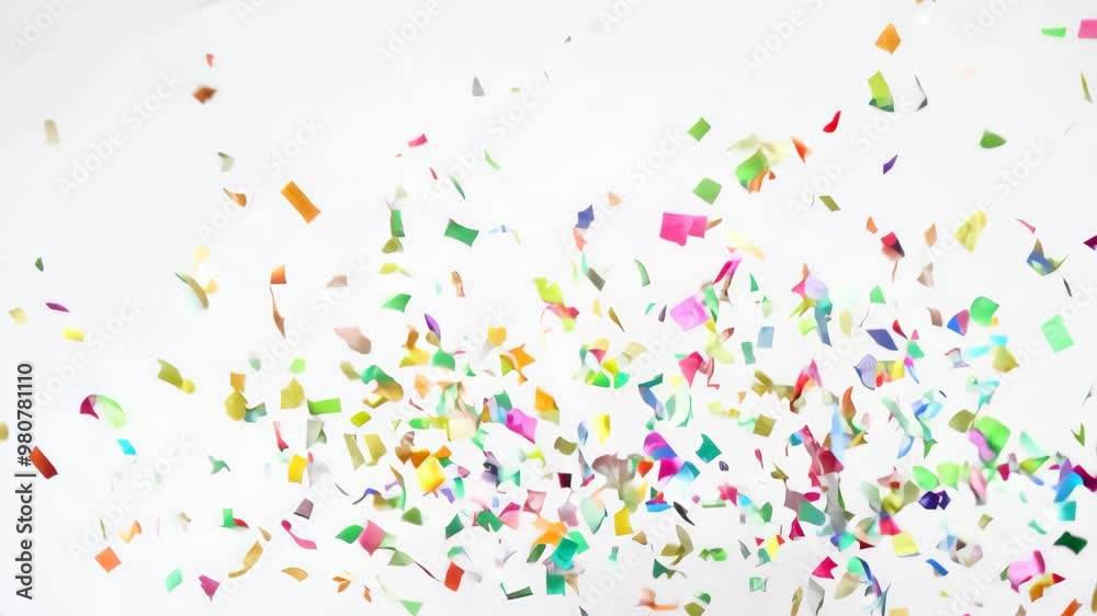 Rainbow confetti explosion on white background with slow fall Rainbow confetti explosion on white background with slow fall