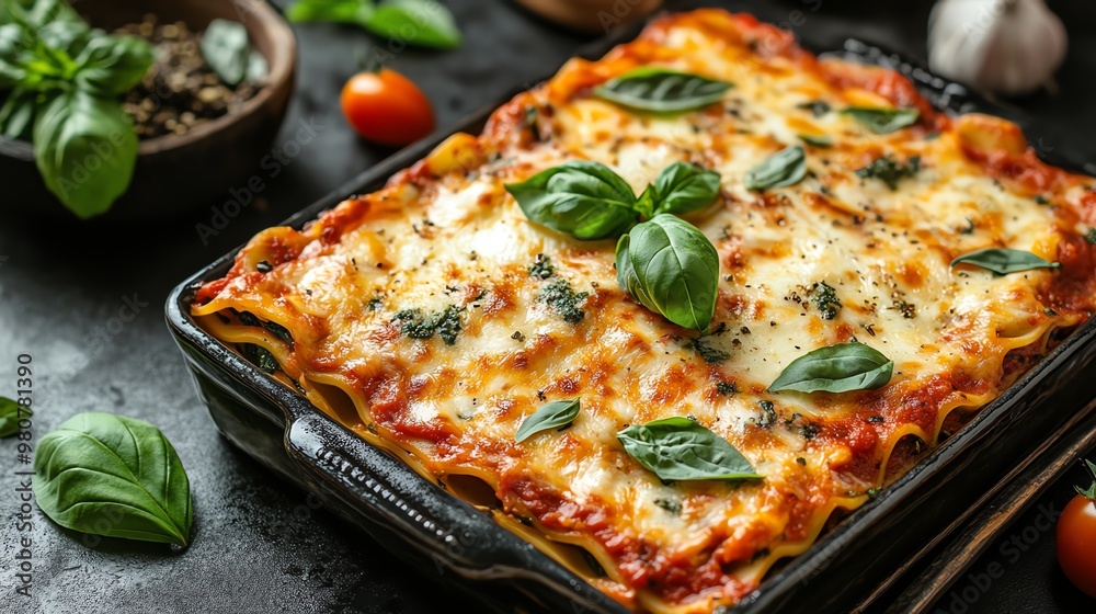 Delicious homemade lasagna topped with fresh basil, served in a rustic dish, perfect for Italian cuisine lovers.