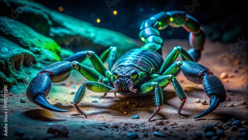 A menacing vinegaroon scorpion, with its distinctive whip-like tail and eerie green glow, crawls forward on a dark, photo