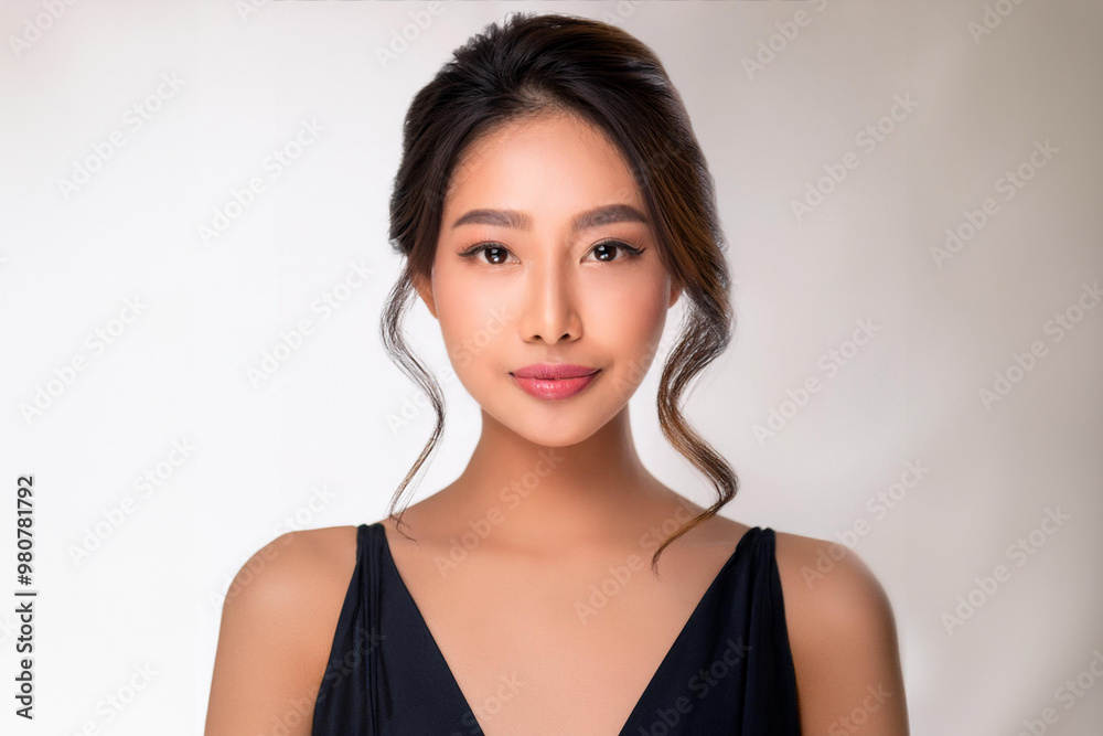 A young, elegant Asian woman with clear skin, dark hair, and a beautiful neck and shoulders, smiling gracefully. Studio lighting highlights the portrait, with copy space for design. A young, elegant Asian woman with clear skin, dark hair, and a beautiful neck and shoulders, smiling gracefully. Studio lighting highlights the portrait, with copy space for design.