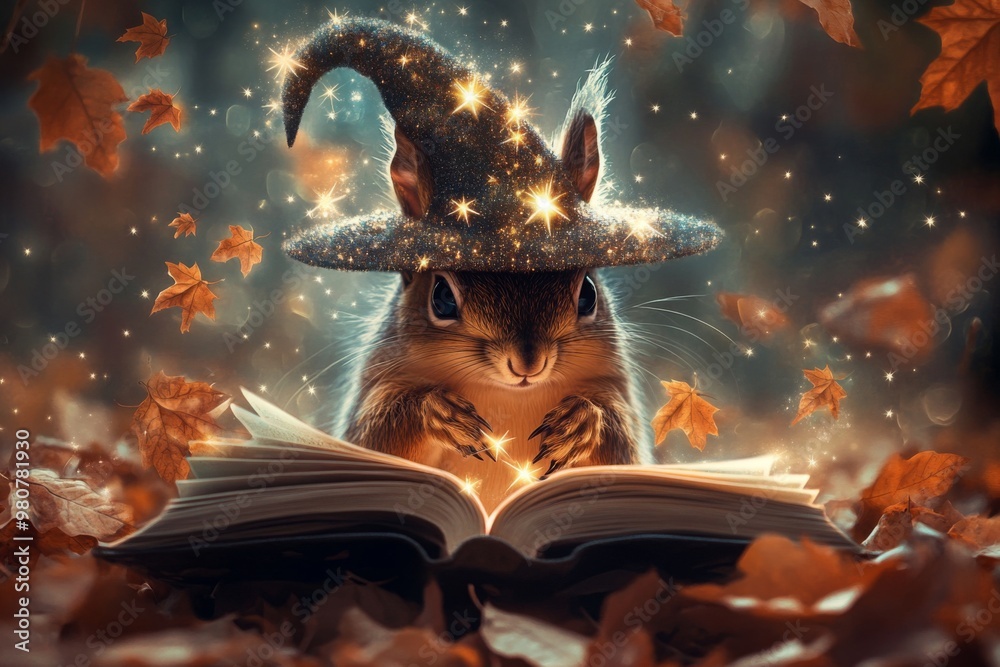 Obraz premium Magical Squirrel in Witch Hat Reading Spellbook