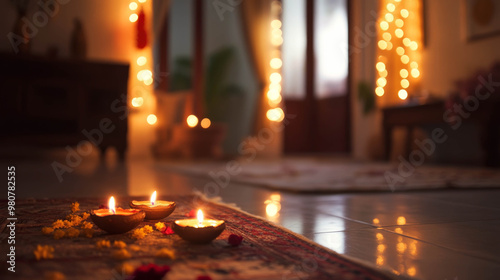 traditional indian candles decorating a room for diwali photo