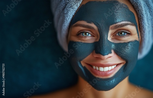 With a homemade charcoal face mask and a towel on her head, a carefree elderly woman smiles and faces the camera.