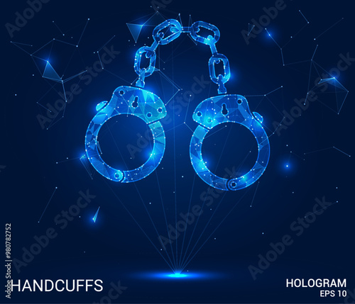 Hologram handcuffs. Handcuffs made of polygons, triangles, dots, and lines. Low-poly handcuffs structure of connections. Technology concept vector.