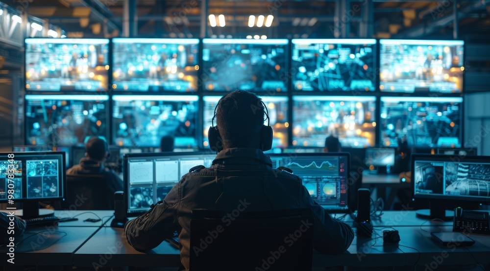 Monitoring operations in a high-tech control room with multiple screens during evening hours Monitoring operations in a high-tech control room with multiple screens during evening hours
