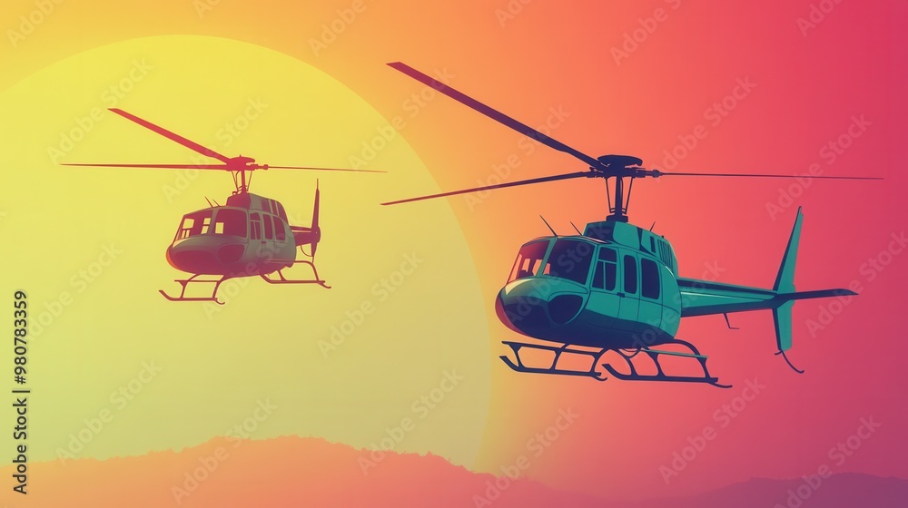 Fototapeta premium Vibrant Helicopters in Sunset Sky