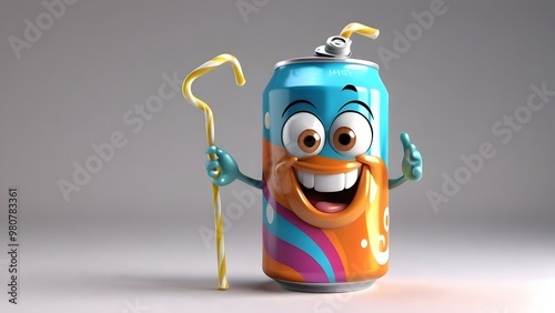 playful soda can character with a round, chubby body, bright colors, and a goofy smile. He’s constantly fizzing, with bubbles popping around him. His eyes are large and expressive.