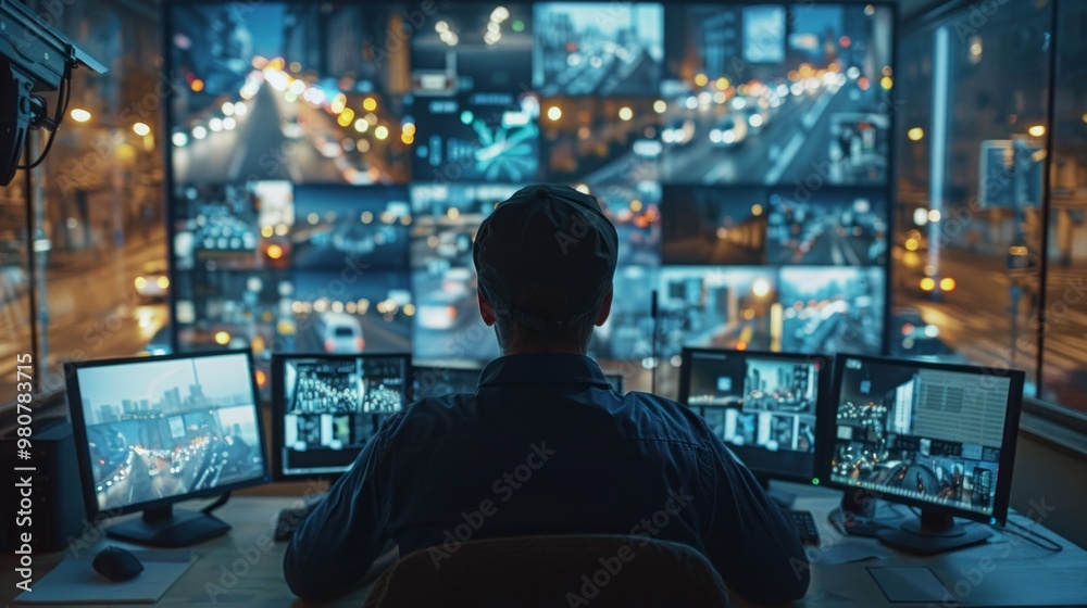 A nighttime view of an operator monitoring city traffic through multiple screens in a control room filled with vibrant lights A nighttime view of an operator monitoring city traffic through multiple screens in a control room filled with vibrant lights