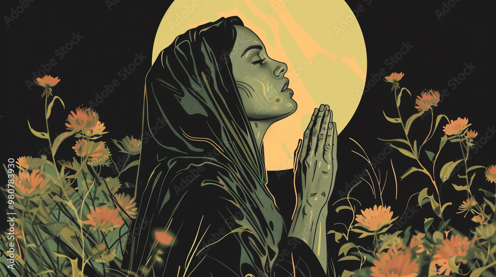 Woman Praying in a Field with a Full Moon, Spiritual and Mystical Artwork Woman Praying in a Field with a Full Moon, Spiritual and Mystical Artwork