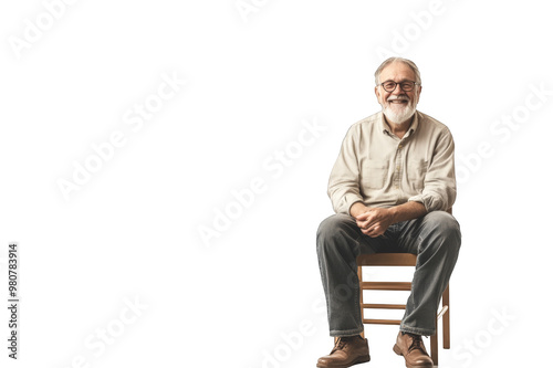Pensioner with gray beard and glasses sits on chair with copy space mockup on transparent background
