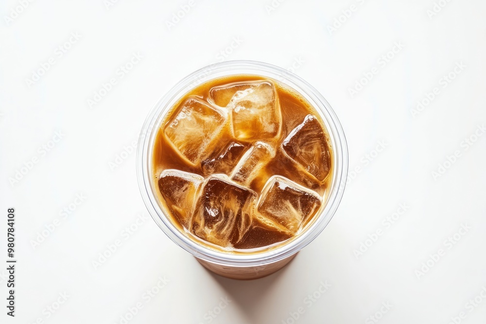 Takeaway plastic cup with iced cold coffee drink isolated on white background, Top view , ai Takeaway plastic cup with iced cold coffee drink isolated on white background, Top view , ai