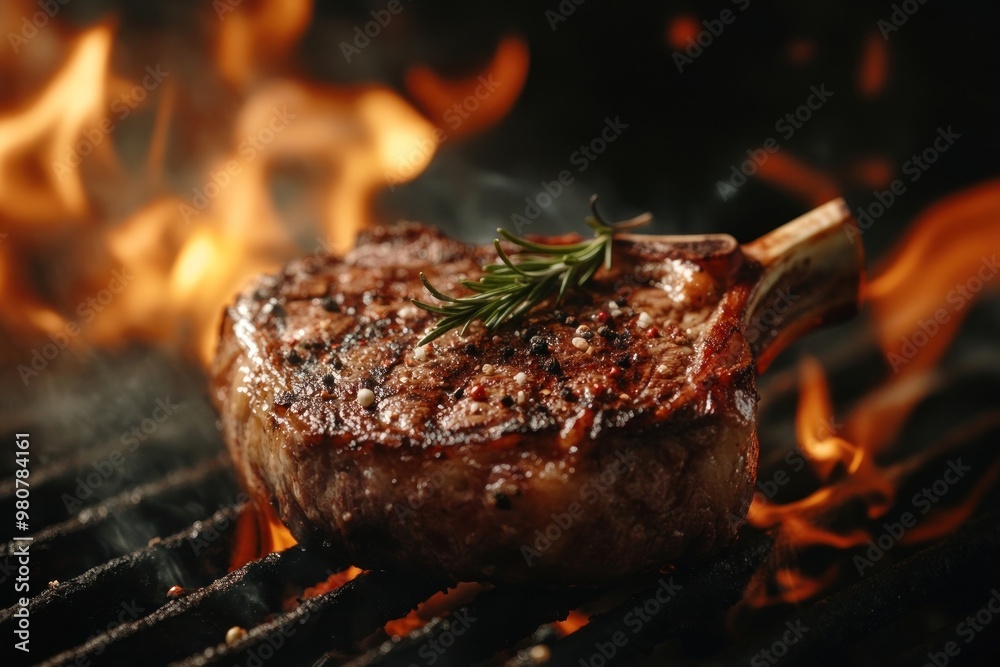 A tomahawk steak on the grill with fire grilling cooking mutton. A tomahawk steak on the grill with fire grilling cooking mutton.