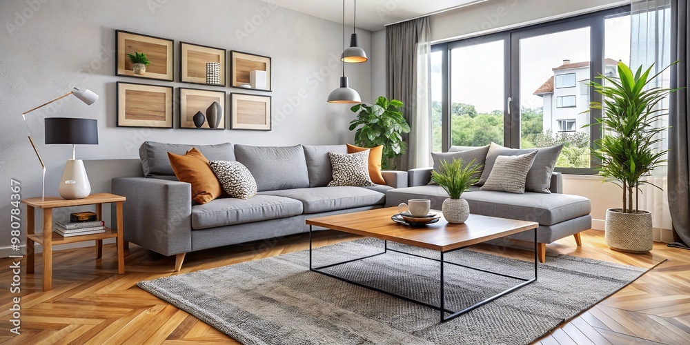 A modern living room interior with a comfortable couch, coffee table, and rug, showcasing a stylish and functional A modern living room interior with a comfortable couch, coffee table, and rug, showcasing a stylish and functional