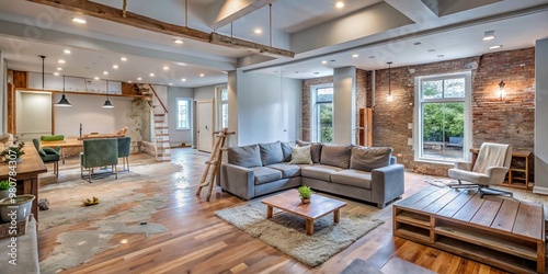 A modern living room renovation in progress, showcasing exposed walls, new flooring, and updated fixtures, illustrating