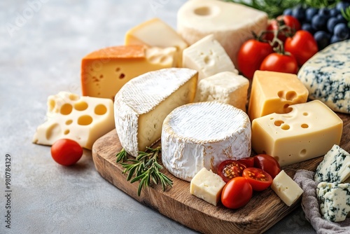 Assorted cheeses on wooden board with tomatoes