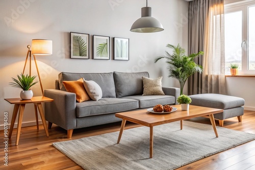 A modern living room with sleek, budget-friendly furniture, featuring a grey sofa, wooden coffee table, and floor lamp, photo