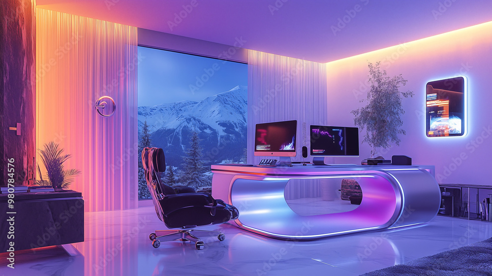 A retro-futuristic home office with sleek, curved furniture, metallic finishes, and bold, vibrant lighting. Modern tech elements integrated seamlessly with retro design details A retro-futuristic home office with sleek, curved furniture, metallic finishes, and bold, vibrant lighting. Modern tech elements integrated seamlessly with retro design details