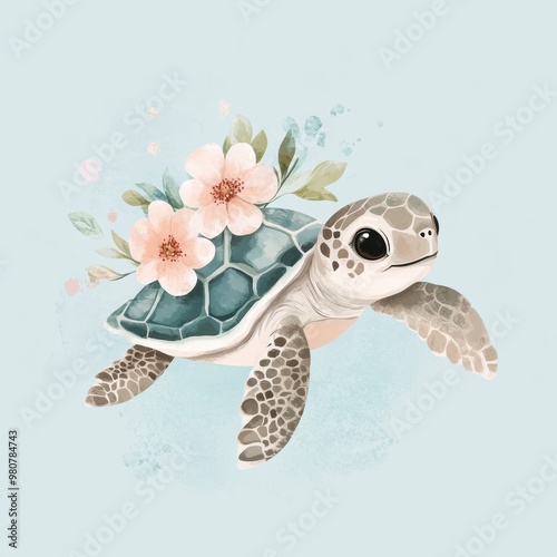 Cute baby sea turtle with flowers on its shell, minimalistic design for a nursery art illustration photo