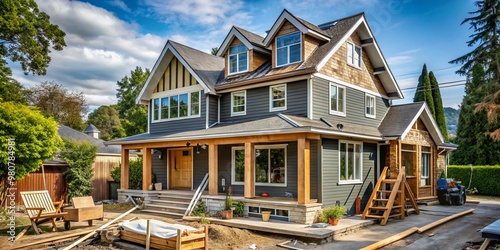 A modernized, eco-friendly home renovation exposed during construction, showcasing replaced windows, updated siding,