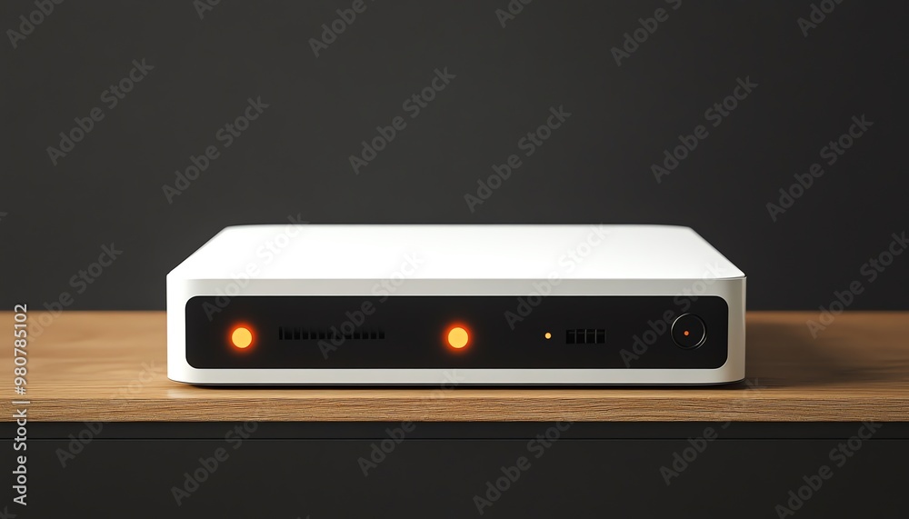 Fototapeta premium White rectangular device with orange lights on a wooden surface