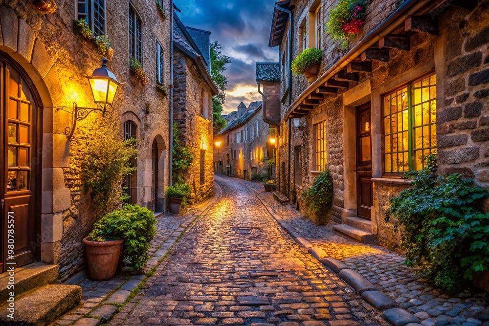 Fototapeta premium A narrow, winding street lined with ancient buildings, cobblestone pavement, and atmospheric lighting, evoking a sense