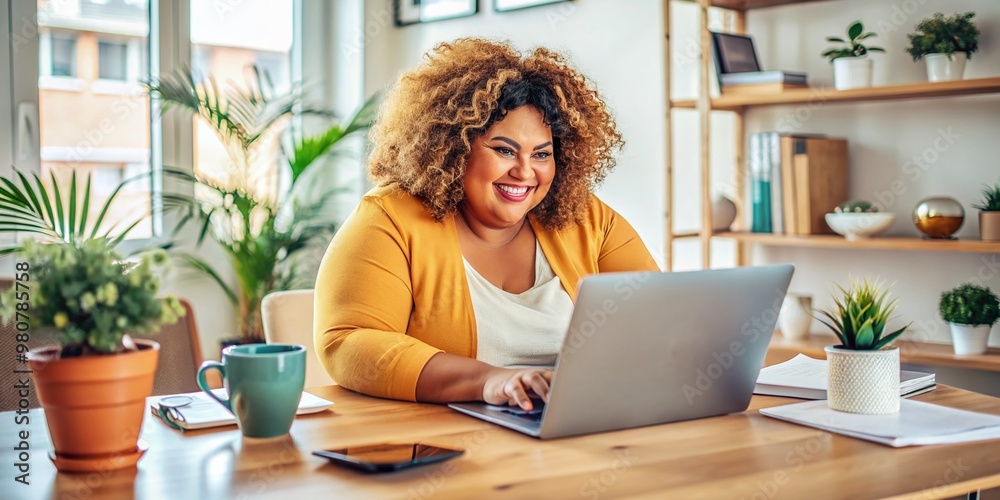 Confident plus-size female entrepreneur with curly hair and bright smile works from home office, surrounded by papers and coffee cup, on laptop screen. Confident plus-size female entrepreneur with curly hair and bright smile works from home office, surrounded by papers and coffee cup, on laptop screen.