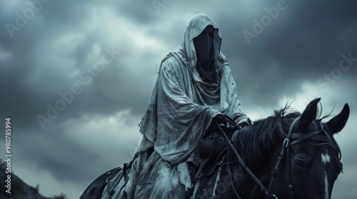 A cloaked rider on a dark horse under ominous clouds in a moody landscape during twilight