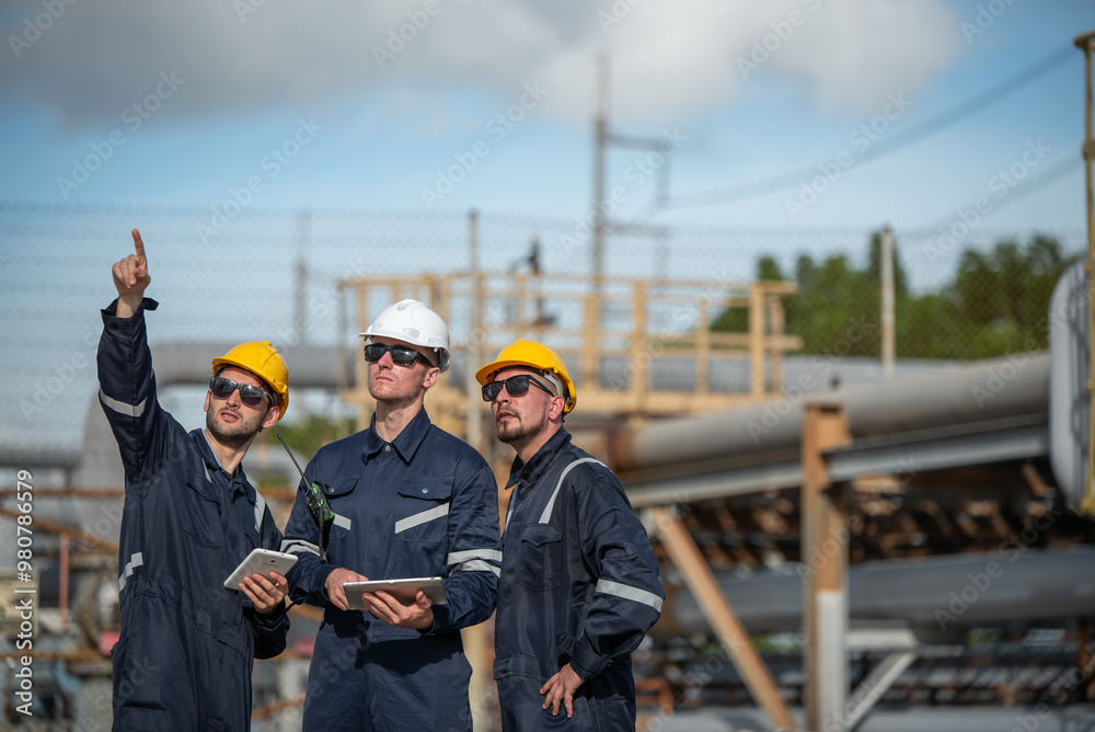 Fototapeta premium Refinery industry, engineer working in industrial production, oil and gas refinery plant industry factory